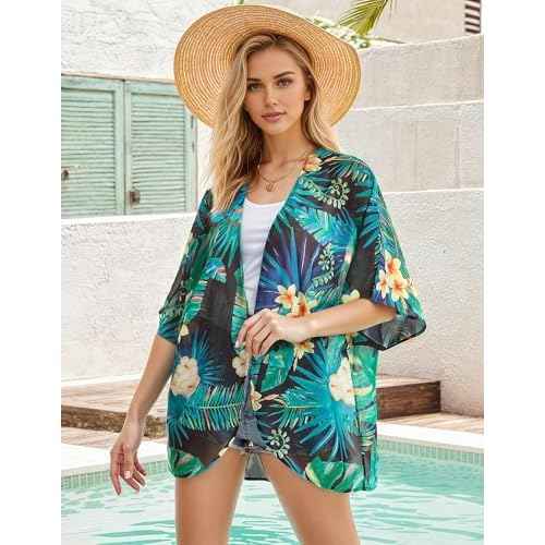 Women's Floral Print Puff Sleeve Kimono Cardigan Loose Cover Up Casual Blouse Tops