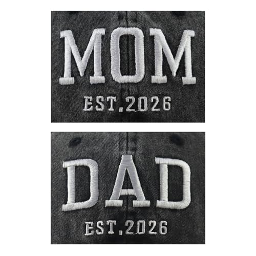 2PCS Mom and Dad EST 2027 2026 Baseball Caps for Men Women - One Size Black