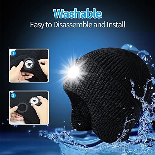 LED Beanie with Light - Unisex USB Rechargeable Earflap Hat for Fishing, Jogging, Working - Black Adult