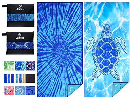 Oversized Microfiber Beach Towel 71x32 Inches - Blue 2 Pack with Carry Bag - Tie Dye Turtle Pattern