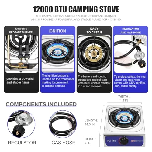 Portable Camping Stove 12000 BTU with Auto Ignition & Regulator