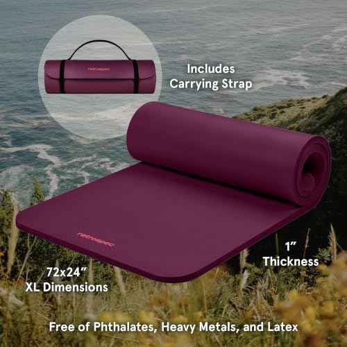 Extra Thick Yoga Mat 1 Inch with Strap - Boysenberry, Non-Slip, 72x24 Inches