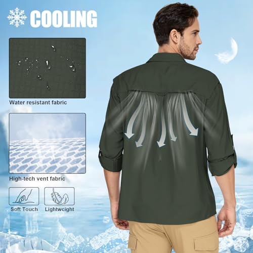Men Sun Protection Safari Fishing Shirts Long Sleeve UPF50+ UV Lightweight Quick Dry Hiking Travel Army Green X-Large