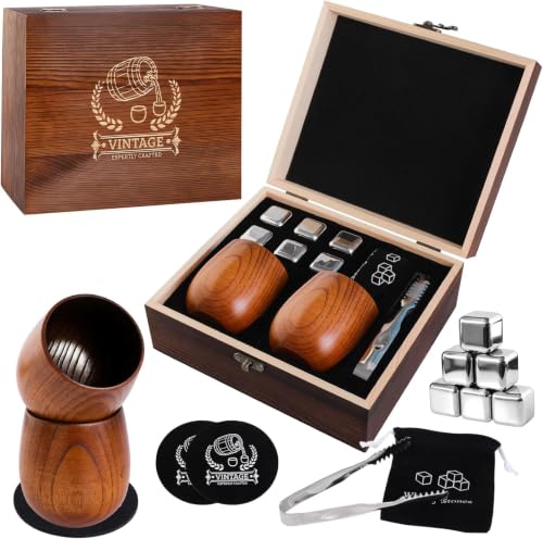 Charred Wooden Whiskey Glass Set with Stainless Steel Stones - Christmas Gifts for Men