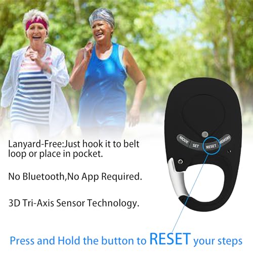 3D Pedometer with Carabiner, Accurate Step Tracker, Step Counter, Distance Tracker, 7 Days Memory, Calorie Counter for Men Women Kids Seniors
