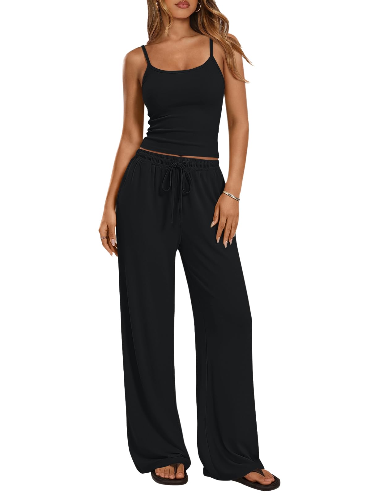 Trendy Queen Women's 2 Piece Lounge Sets Summer Outfits Matching Airport Camisole Tops Wide Leg Pants Fall Tracksuits 2026 Black L