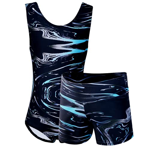 Dancina Marble Line Gymnastics Leotard Set with Shorts - 12 Black & Blue