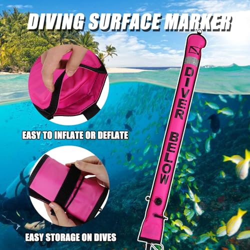 Pink 5ft Surface Marker Buoy Set with Reflective Strip and 100ft Reel for Diving