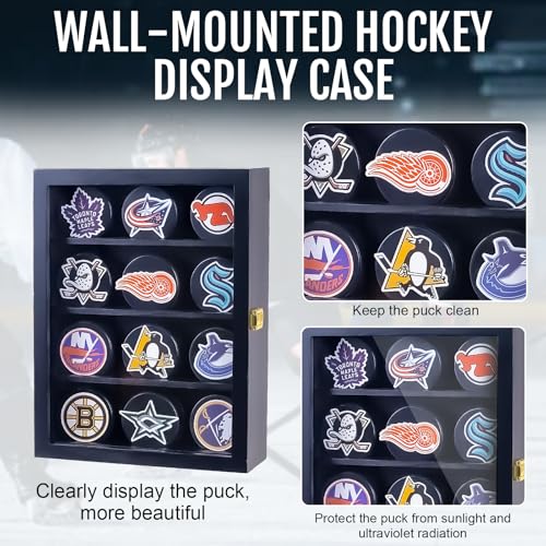 12-Piece Hockey Puck Display Case Wall Mount with Acrylic Door - Wall Decor
