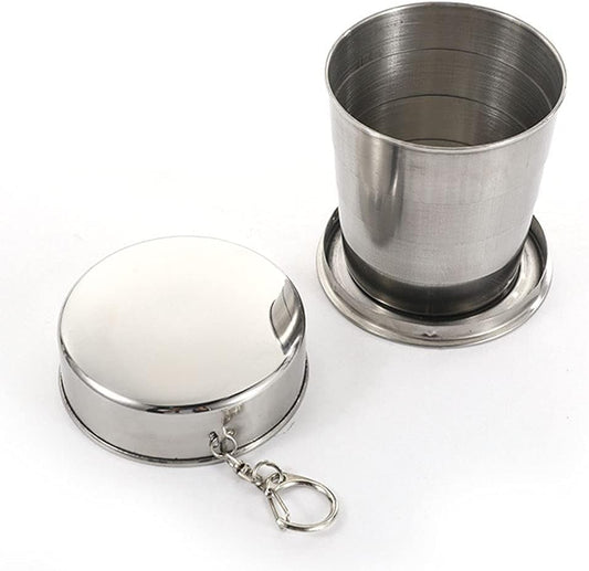 GANPUB 1Pc Silver Stainless Steel Folding Camping Mug Collapsible Portable Cup with Keychain for Outdoor Activities Hiking Picnic(Large), Camp Kitchen
