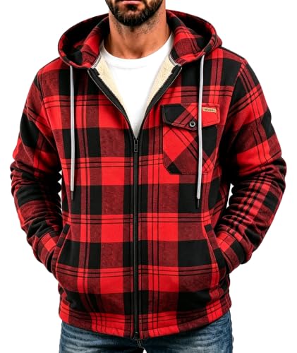 Mens Flannel Plaid Zip Up Hoodie Jacket Sherpa Lined Fleece - Large Black Red