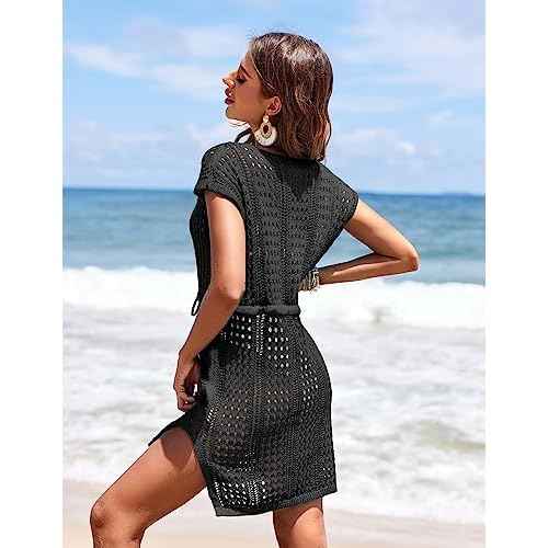 AI'MAGE Women's Crochet Cover Up Hollow Out Swimsuit Coverup V Neck Beachwear with Drawstring S-3XL