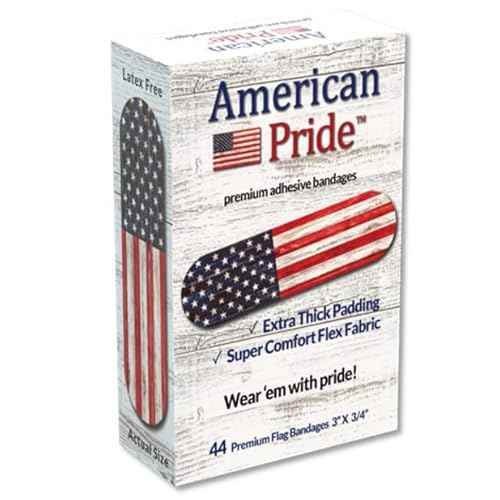 American Pride Premium Adhesive Bandages ? Strong Comfortable Flex Fabric, Thicker Padding for Extra Protection & Absorbency. Reliable Sticking Power. USA Patriotic Vintage American Flag. 44 Ct Box
