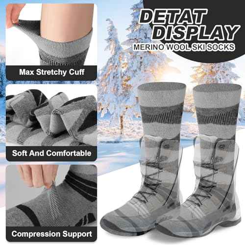Winter Warm Kids Ski Socks - 2 Pairs Merino Wool Thermal Skiing Socks for Boys, Girls, Youth, Toddlers