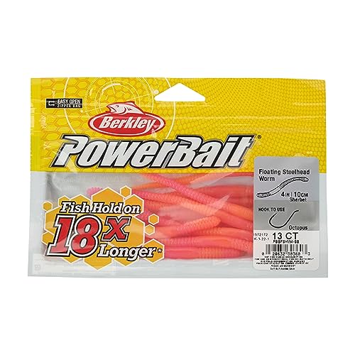 Berkley PowerBait Floating Steelhead Worm Fishing Bait, SB, 4in, Irresistible Flavor, Realistic Worm Profile, Ideal for Steelhead, Salmon, Trout, Bass and More