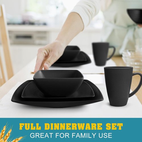 Teivio 16-piece Plastic Wheat Straw Square Dinnerware Set for 4, Unbreakable Dinner Plates, Salad Plates, Snack Bowls, Mugs, Dishwasher Safe, Black