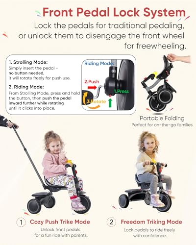 RIDYEE Foldable Toddler Tricycle with Push Handle - Grey