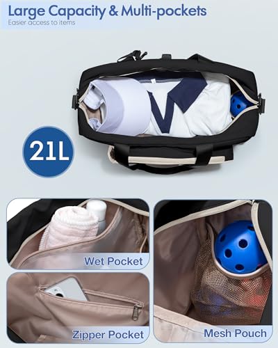 Black Pickleball Tote Bag with Paddle Pocket Shoe Compartment & Detachable Strap