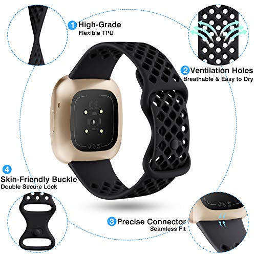 Maledan Breathable Waterproof Sport Band for Fitbit Versa 4 & Sense 2 - Black, Navy Blue, Space Gray, Army Green, Large