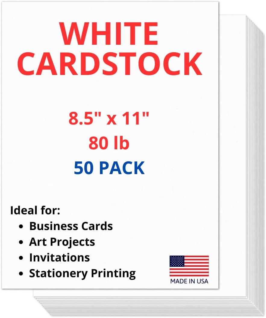 50 Sheets of Heavyweight White Cardstock Ideal for Business Cards, Art Projects, Invitations, and Stationery Printing | 80 lb Weight | 8.5 x 11 inches | Thick Cover Stock (216 gsm) |