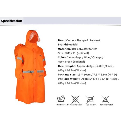 BlueField Unisex Reflective Outdoor Backpack Raincoat Rain Cover One-Piece Rain Poncho Cape Jacket for Hiking Camping Cycling (Orange, XL)
