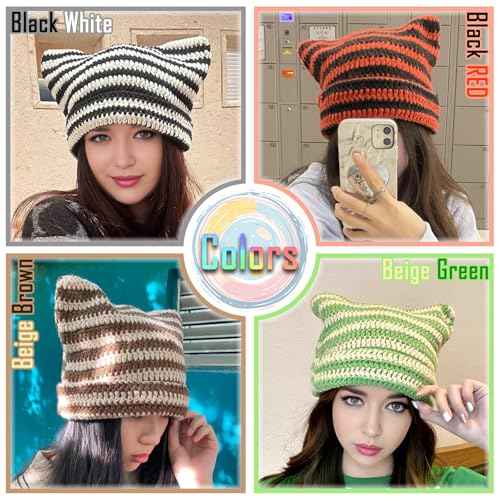 Y2K Beanie for Women Crochet Hat with Cat Ear Cute Fox Hat Vintage Grunge Accessories Knit Cap Slouchy Beanie