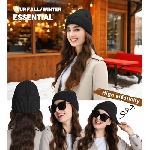 Seamless Beanie Hat for Men Women, Wool Fisherman Beanies, Unisex Cuffed Knit Warm Winter Hats Skull Cap Ski Caps
