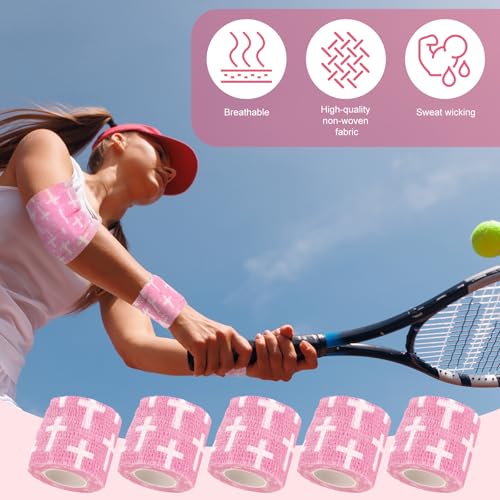 Geiserailie 12 Pack Christian Athletic Tapes 2 Inch x 5 Yards Self Adhesive Bandages Sports Wraps Breathable Elastic Wrap Non Woven Bandage for Wrist, Ankle, Baseball Football(Pink)
