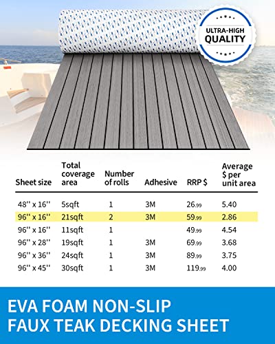 Gray Boat Flooring EVA Foam Decking Sheet 96"x16.8" with Non-Slip 3M Adhesive