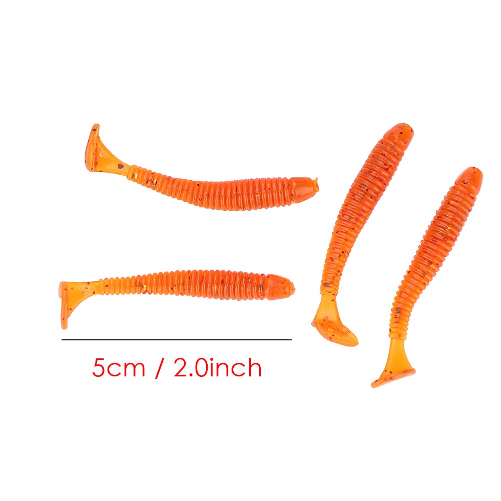50PCS Fishing Lures Kit, 2in Plastic Fishing Soft Lures T Tail Grub Worm Baits Fishing Swimbaits Fishing Fish Tackle Accessories (Orange)