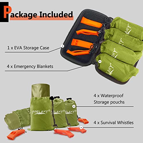 Frelaxy Emergency Blanket 4 Pack - Extra Thick Large Space Blankets with Whistles & Pouches, Army Green
