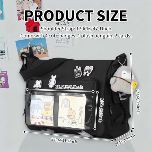Kawaii Crossbody Ita Bag for Women with Pin & Plush Penguin - Large Black Fit Laptop