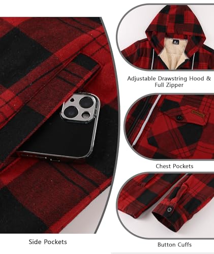 Mens Flannel Plaid Zip Up Hoodie Jacket Sherpa Lined Fleece - Large Black Red