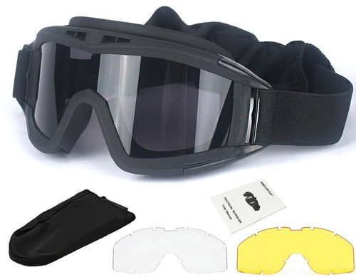 ONECUPPTOP Tactical Airsoft Goggles Anti Fog Shooting Glasses Impact Resistant Safety Goggles with 3 Interchangable Lens (Black)