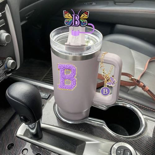 9pcs Cup Accessories Set, Butterfly Straw Cover Cap for Stanley Cup 30oz/40oz,Sticker for Stanley Decorations,Initial Letter Charm Personalized Spill-Proof Silicone Stoppers (Purple A)