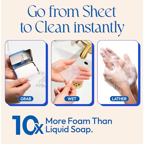 FOMIN - Antibacterial Paper Soap Sheets Tin for Traveling - (100 Sheets) Fragrance Free Portable Travel Hand Soap Sheet, Dissolvable Mini Camping Hand Soap for Hand Washing