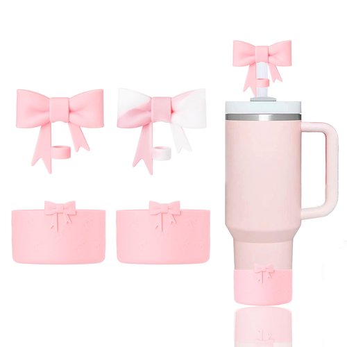 YAYAYOUNG Stanley Cup Accessories Set Including 2Pcs Silicone Bow Straw Covers Cap Toppers for 0.4 in/10mm Straws,2Pcs Silicone-Boots for Stanleys Cups 40oz & 30oz Tumbler(Pink)