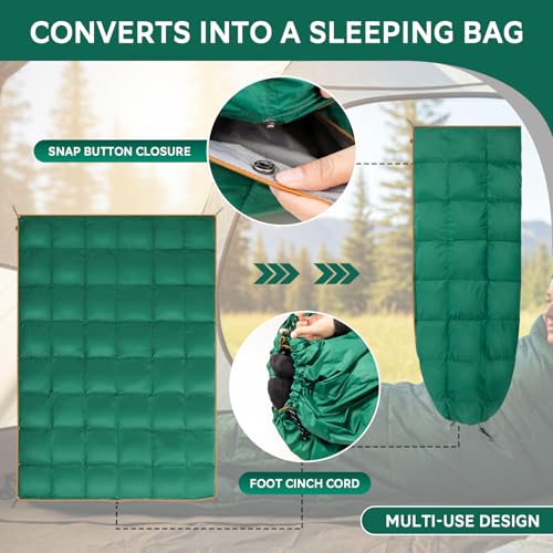 Down Camping Blanket - Lightweight Packable Outdoor Warm Blanket - Green/Brown