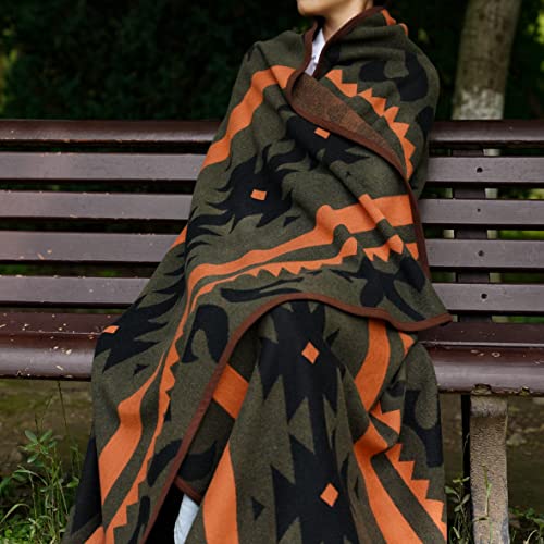 Merino Wool Blanket Throw for Camping 87x63 Green Flame Variation