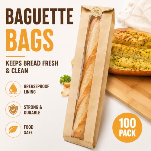 100 Pack Baguette Kraft Bags with Clear Window and Seal Stickers - 23x4x1.6 Inches