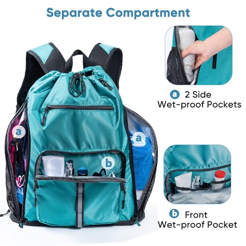 Large Beach Backpack with Shoe Compartment & Detachable Mesh Bag - Teal