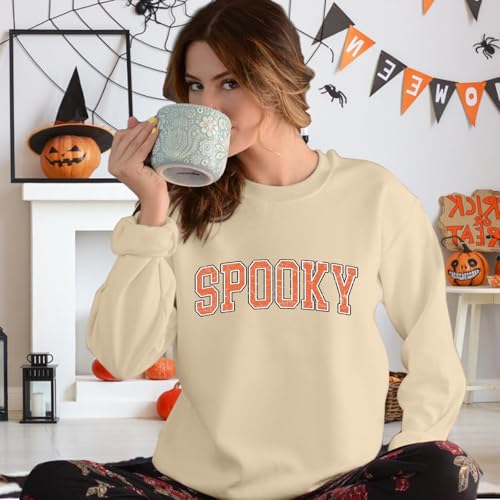 Halloween Spooky Sweatshirts Women Classic Spooky Letter Print Long Sleeve Shirt Halloween Crewneck Pullover Blouse