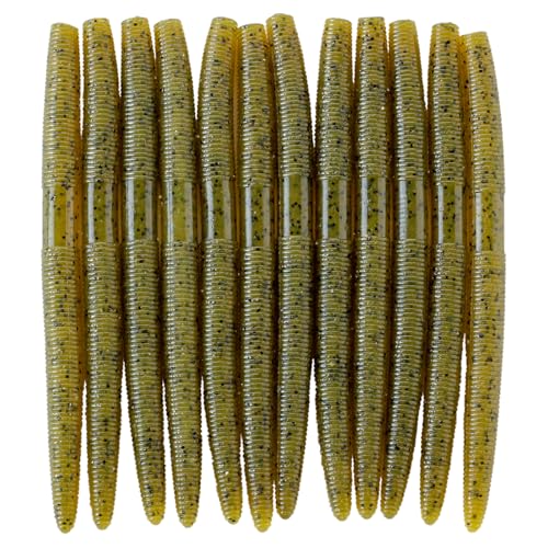 5 Inch Senko Soft Stick Worms for Bass Fishing - Green Pumpkin Black Flake, 24 Pieces