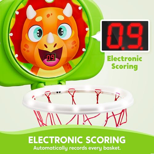 SYNCFUN Dinosaur Mini Basketball Hoop LED Scoring Toy for Kids, Adjustable & Space-Saving Indoor Play, Over 18 Months
