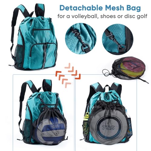 Large Beach Backpack with Shoe Compartment & Detachable Mesh Bag - Teal