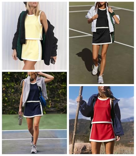 Women's Tennis Skirt Set - 2 Piece Athletic Outfit with Shorts, Medium, Wine Red & Navy Blue