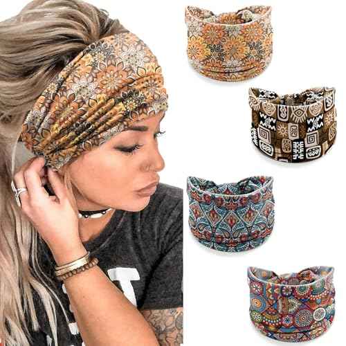 Boho Headbands for Women ? 4 Pack Wide Stretchy Turban Head Wraps, Floral Tribal Print Hair Bands for Yoga, Workout, Travel, Festival Accessories
