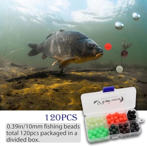 Round Rubber Fishing Beads 0.39in/10mm - Glow in Dark - 120pcs - Tackle Box Included