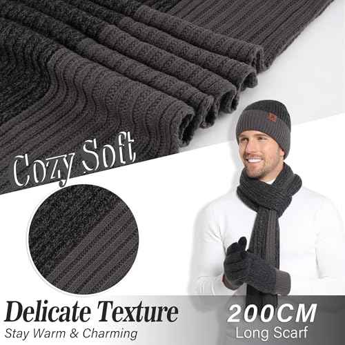FZ FANTASTIC ZONE Mens Winter Knit Hat Beanie Long Neck Scarf Touchscreen Gloves Set Fleece Skull Caps Gifts for Men Women