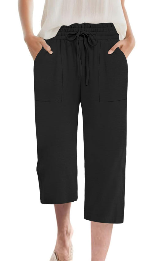 MLXSJ Womens Capri Pants Summer Wide Leg High Waisted Pants Drawstring Casual Trousers with Pockets (Black, XL)